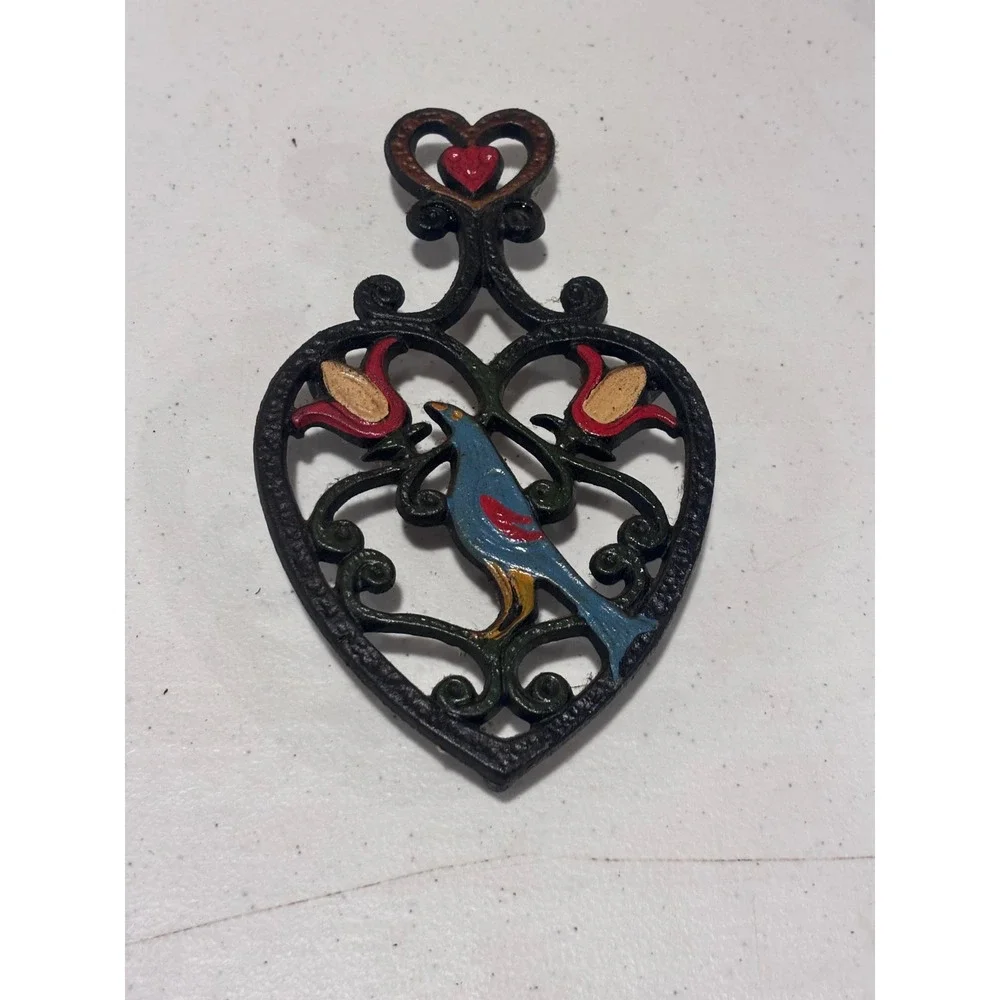 Vintage Cast Iron Trivet Heart Blue Bird Red Tulip Folk Art Pennsylvania Dutch